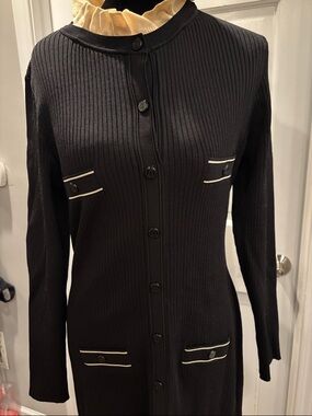 Sandro Black Ribbed Midi Dress with Cream Trim